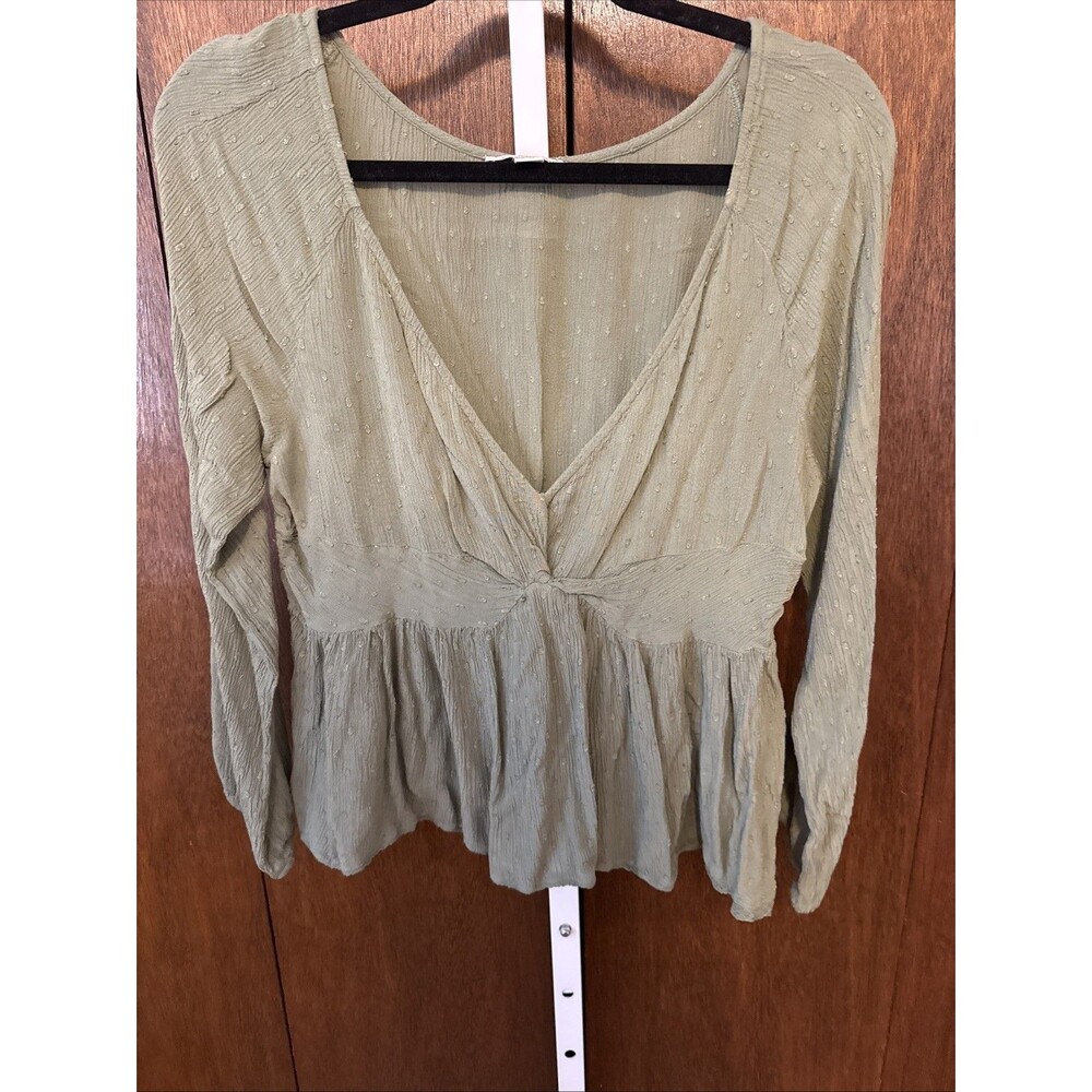American Eagle Blouse Sz L Babydoll 90s Y2K Gauzy Green W/dots Elastic Waist